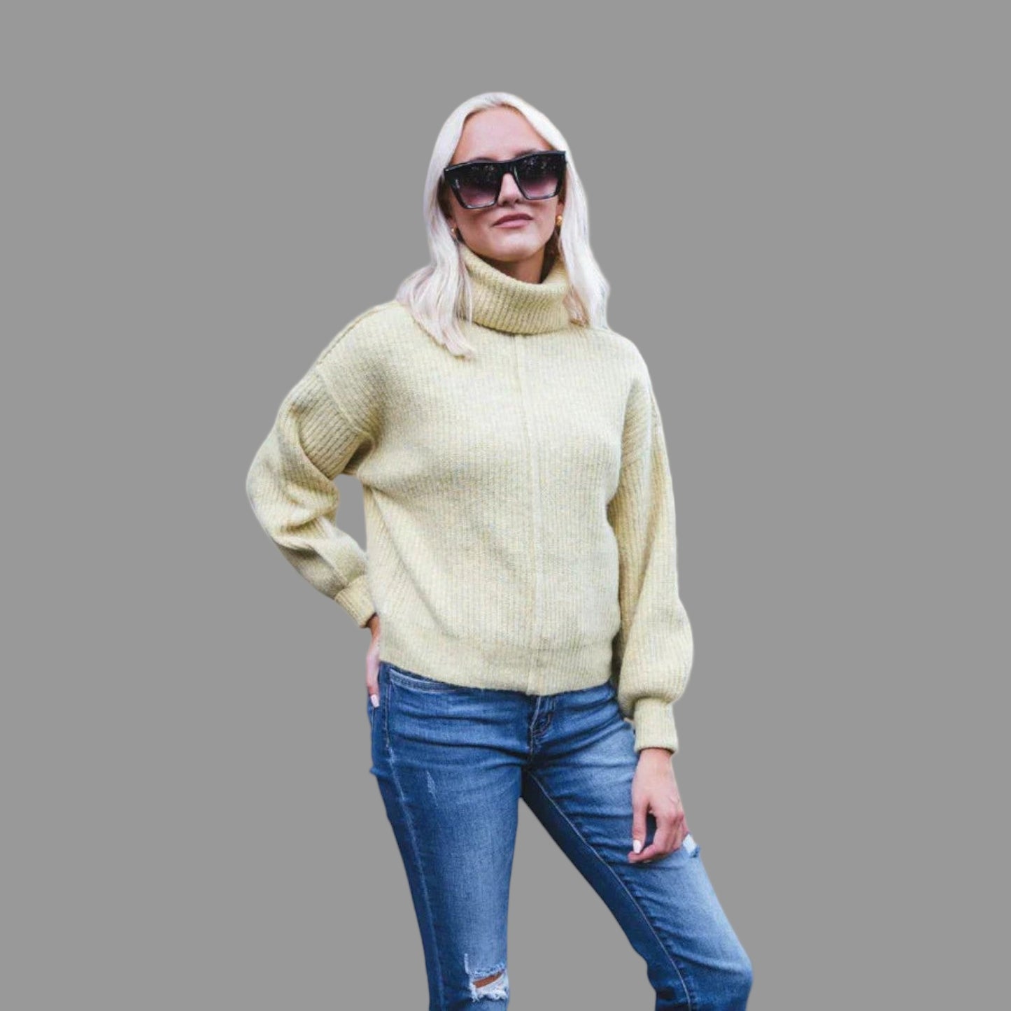 Knitted Yellow Women's Turtleneck Sweater with Long Sleeves