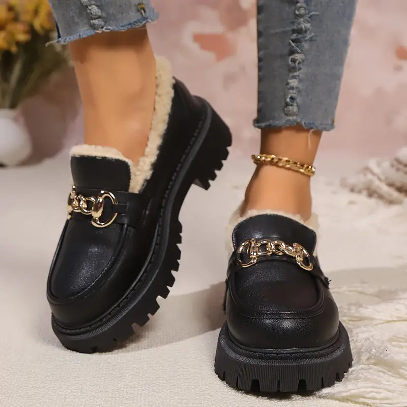 Warm Black Women's Loafers with Fur Lining