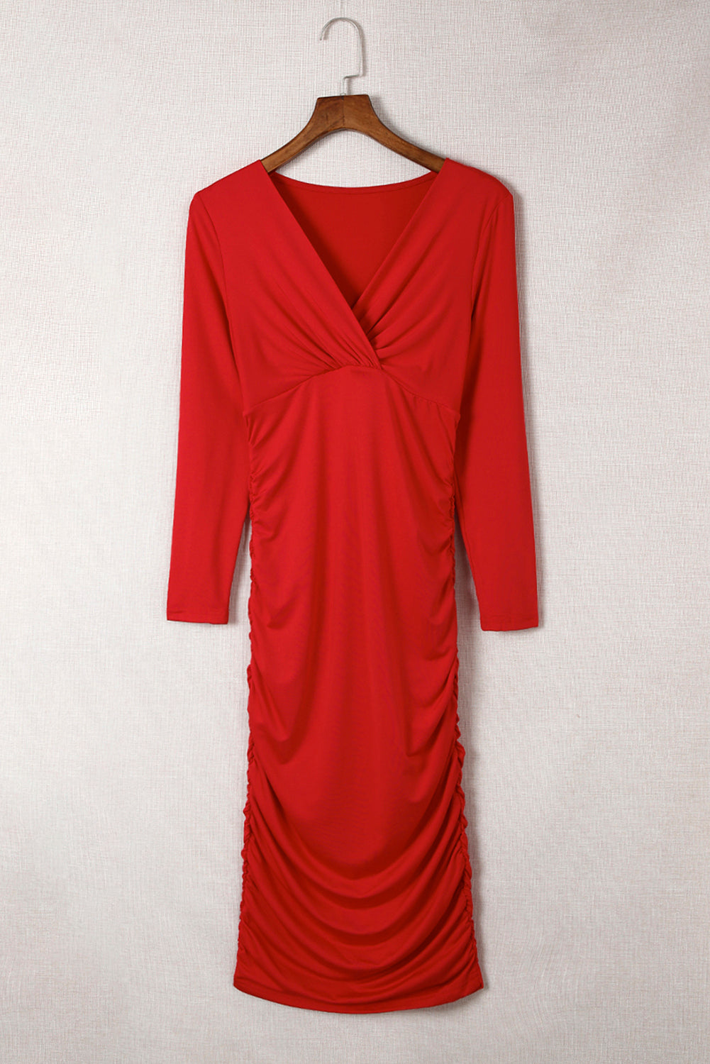 Rood Midi Jurk voor Dames met Lange Mouwen en V-hals