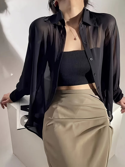Belysa | Transparante Blouse met Knoopsluiting en Lichte Glans