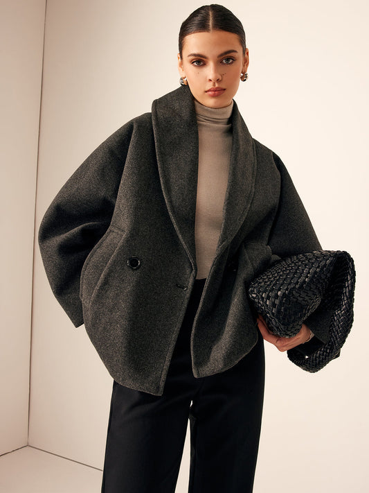 Oversized Dames Mantel Jas met Sjaalkraag en Dubbele Knopen