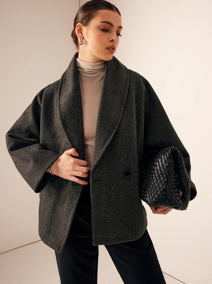 Oversized Dames Mantel Jas met Sjaalkraag en Dubbele Knopen