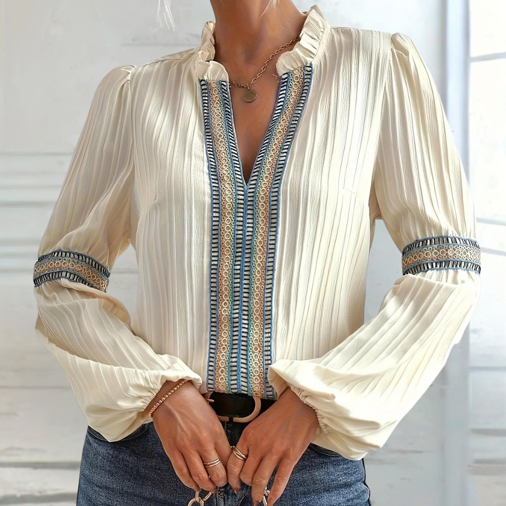 Elegante Beige Dames Bohemian Blouse met Lange Mouwen