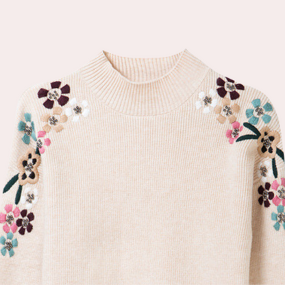Elegante Zachte Dames Trui met Geborduurde Bloemen