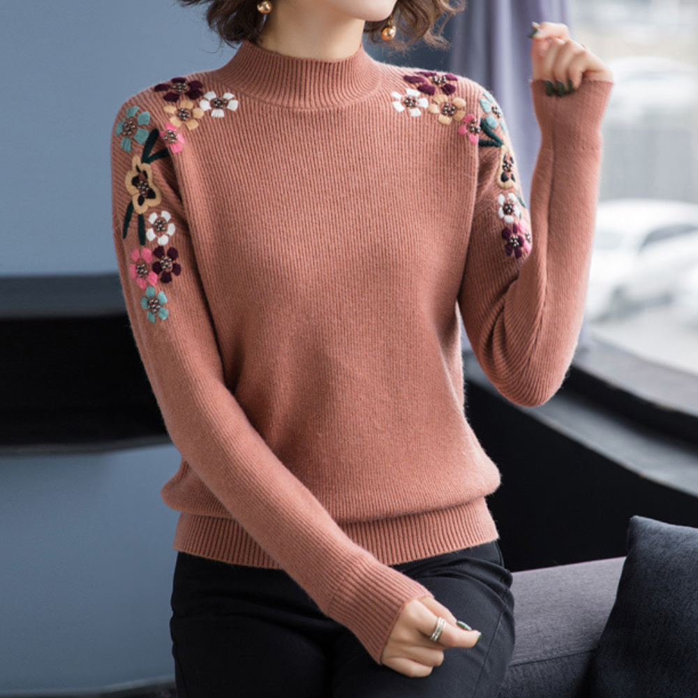 Elegante Zachte Dames Trui met Geborduurde Bloemen