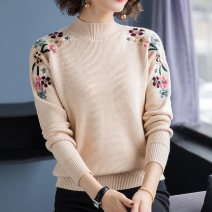 Elegante Zachte Dames Trui met Geborduurde Bloemen