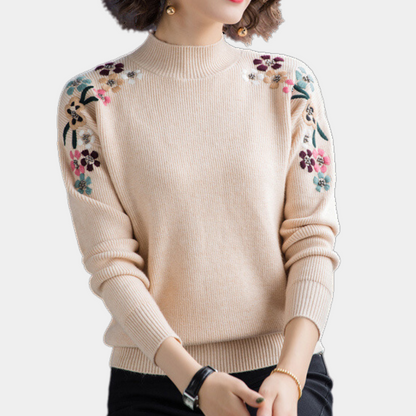 Elegante Zachte Dames Trui met Geborduurde Bloemen