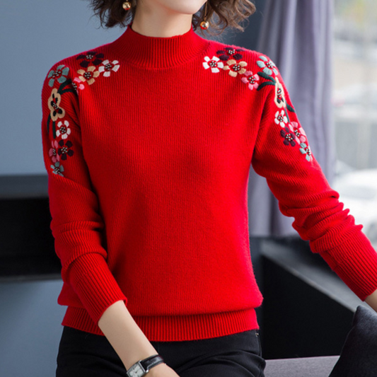 Elegante Zachte Dames Trui met Geborduurde Bloemen