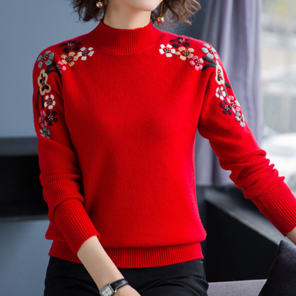 Elegante Zachte Dames Trui met Geborduurde Bloemen