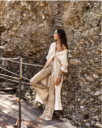 Glamoureuze Gouden Dames Broek met Pailletten en Wijde Pijpen