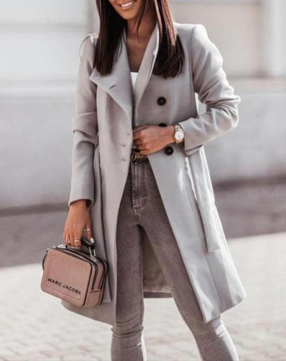 Elegante Lange Dames Mantel Jas met Ceintuur en Knopen