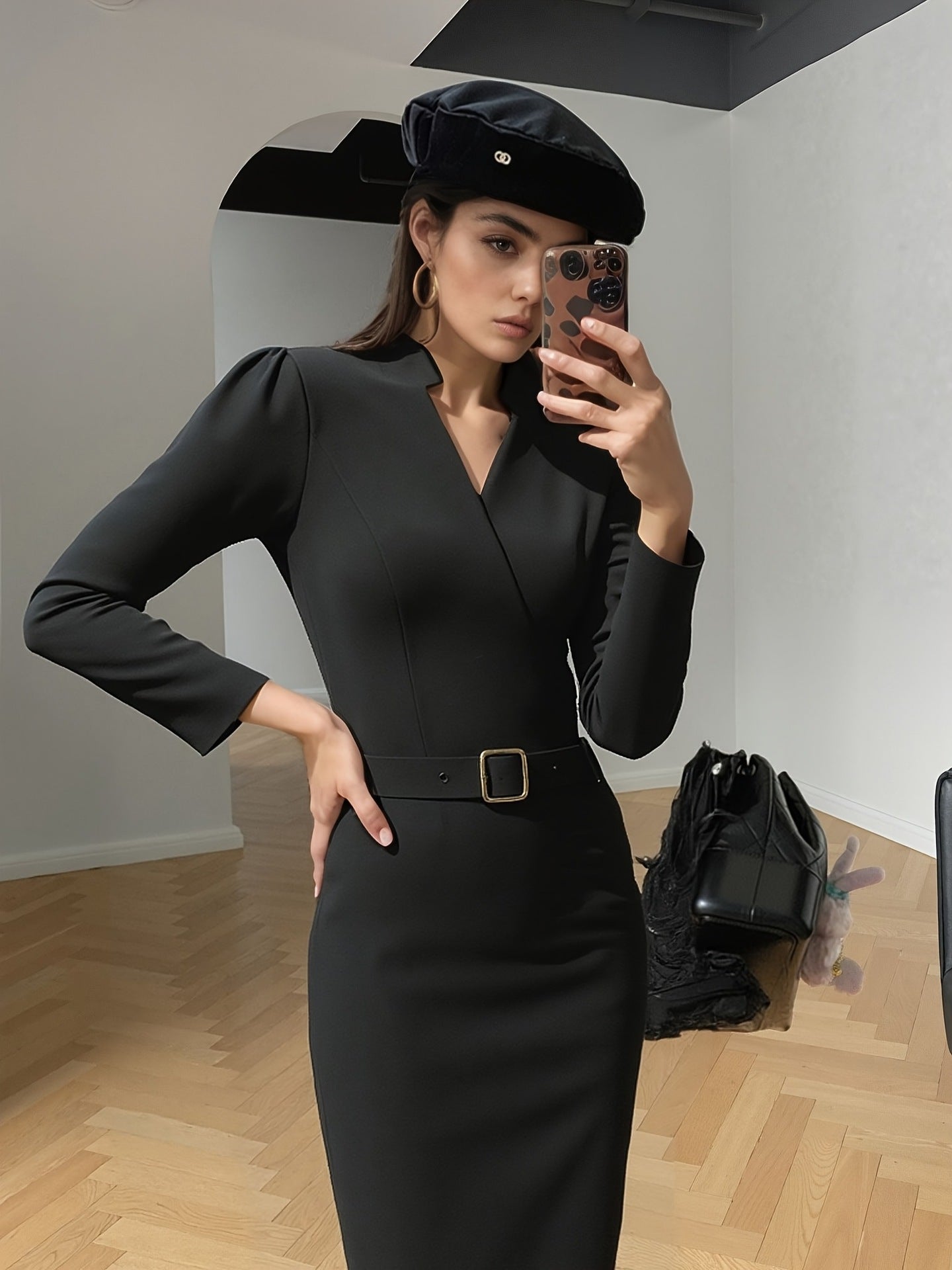 Luxe Midi Jurk voor Dames met Ceintuur en Driekwart Mouwen
