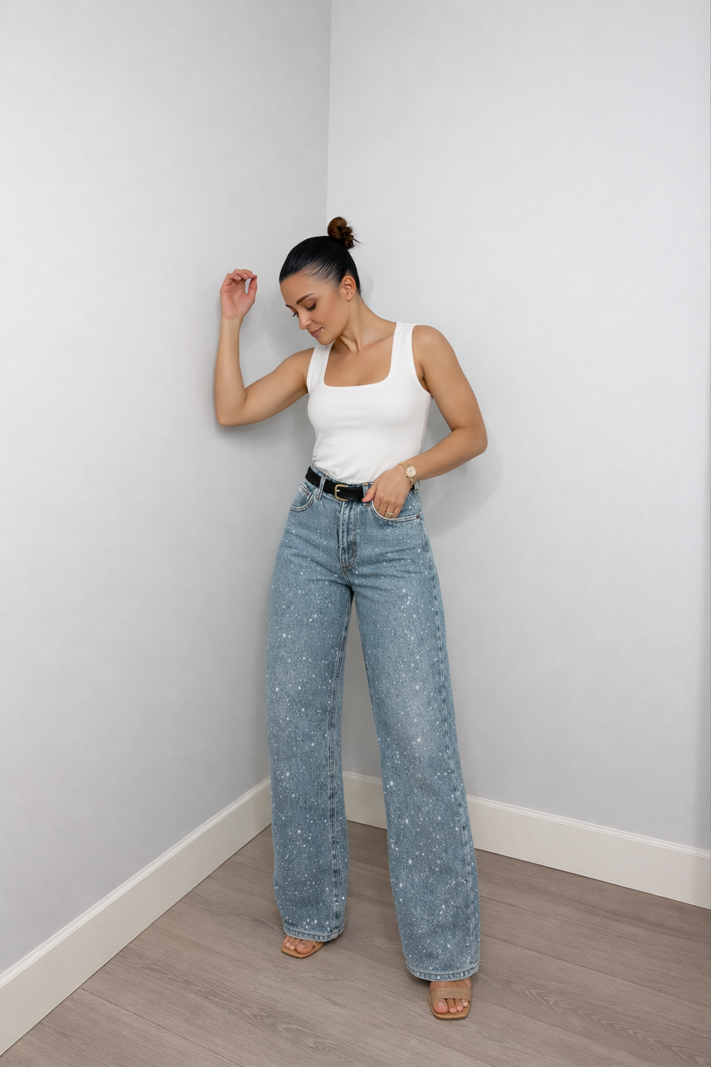 Trendy Dames Glitter Jeans Met Hoge Taille En Wijde Pijpen