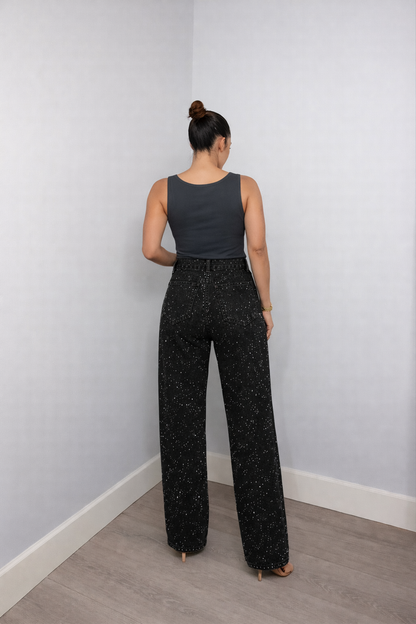 Jean pailleté tendance pour femmes avec taille haute et pantalons larges