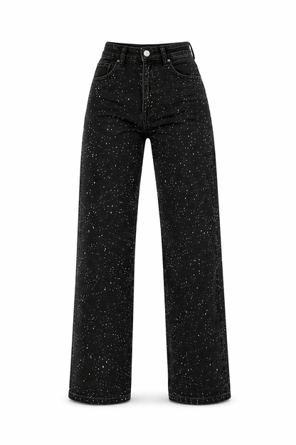 Jean pailleté tendance pour femmes avec taille haute et pantalons larges