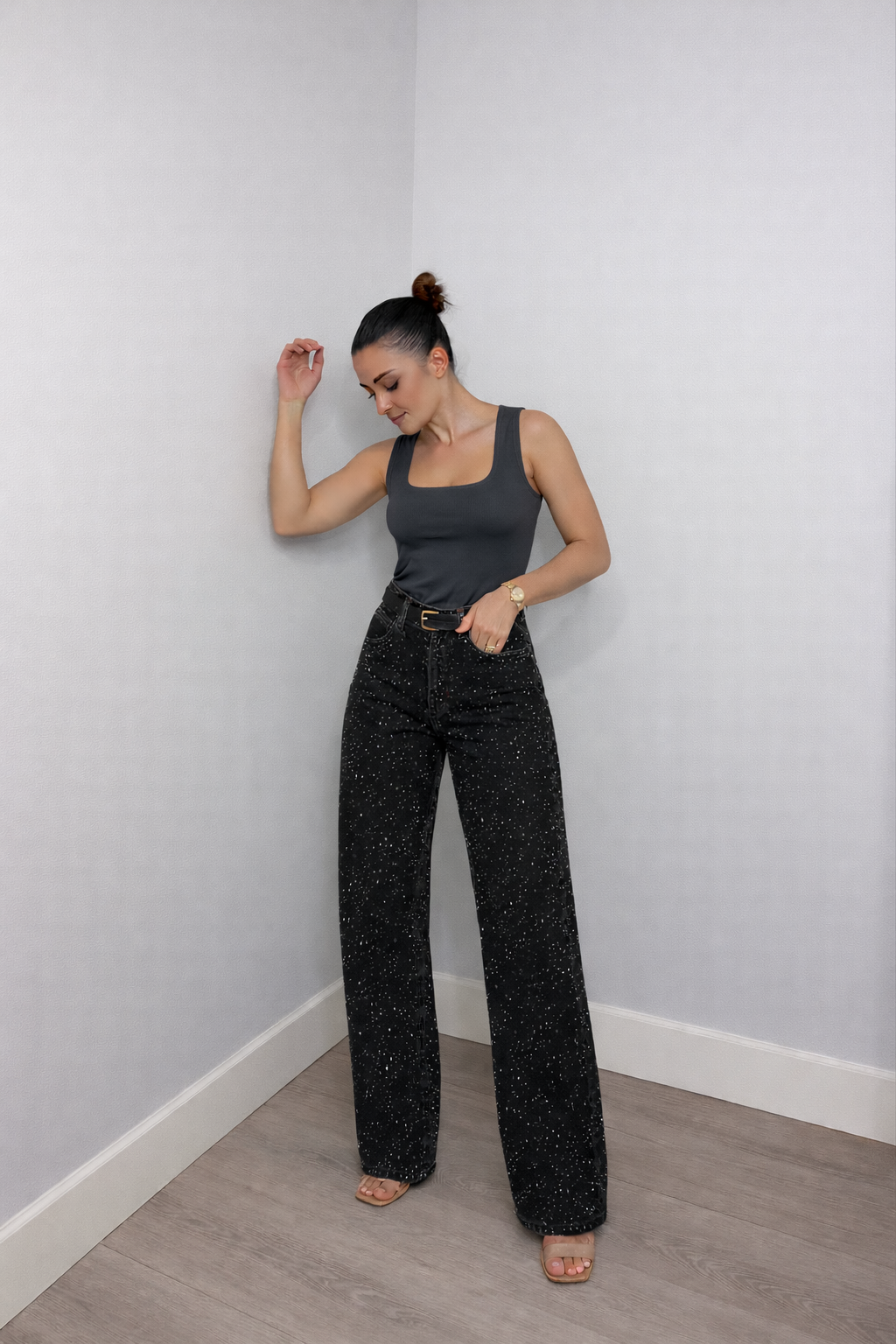 Trendy Dames Glitter Jeans Met Hoge Taille En Wijde Pijpen