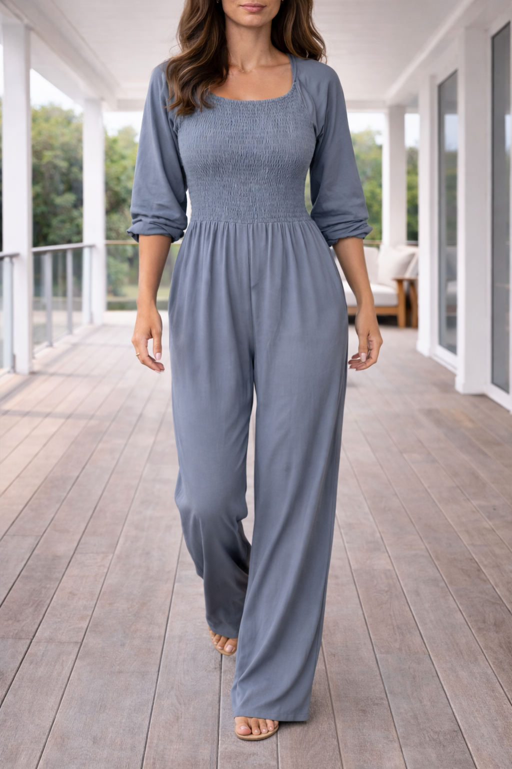 Zomerse Dames Smock Jumpsuit met Lange Mouwen en Wijde Pijpen