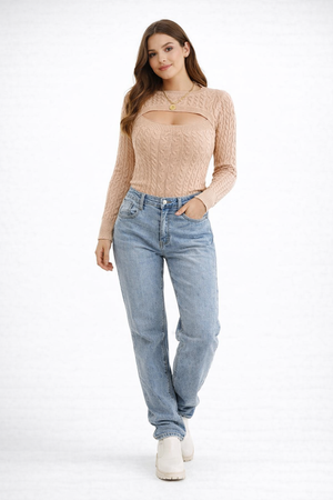 Warme Dames Gebreide Top met Cut Out en Lange Mouwen