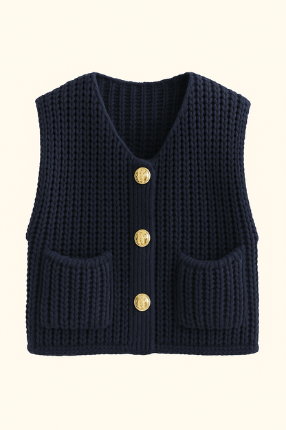 Liona | Gebreid Mouwloos Vest met Gouden Knopen