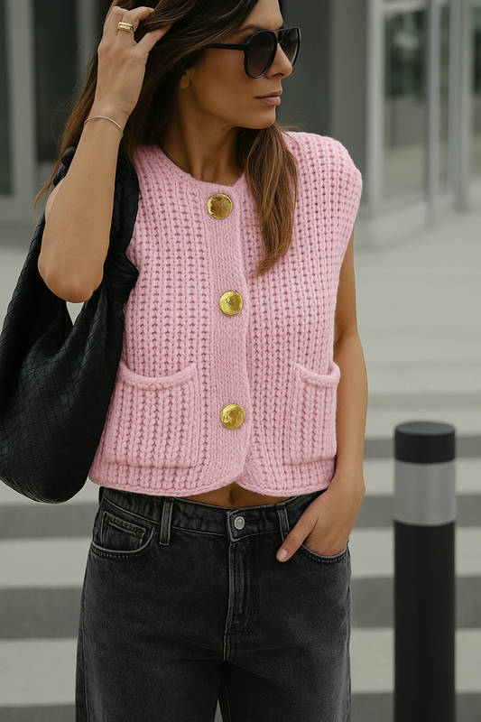 Liona | Gebreid Mouwloos Vest met Gouden Knopen