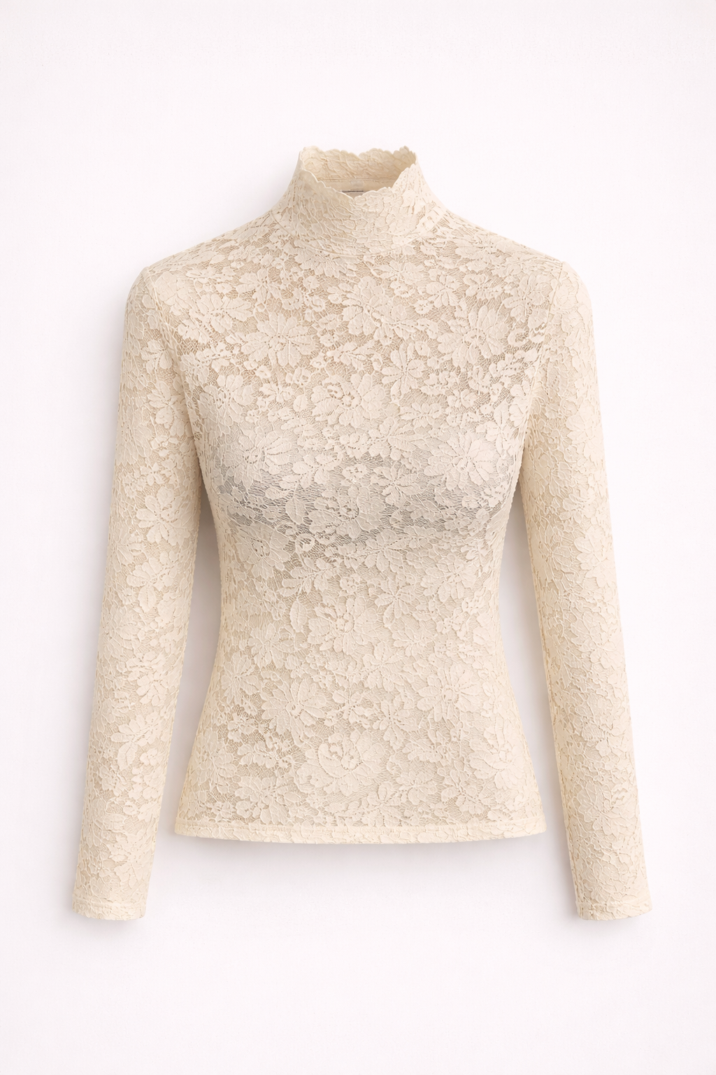 Chique Dames Kant Top met Lange Mouwen en Hoge Hals