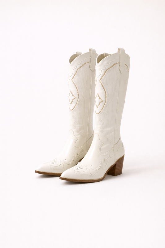 Witte Stijlvolle Dames Cowboy Leren Knielaarzen met Lage Hak