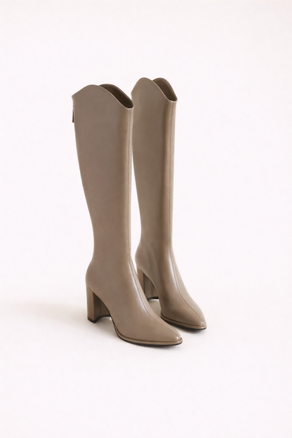 Luxe Dames Leren Knielaarzen met Blokhak en Spitse Neus