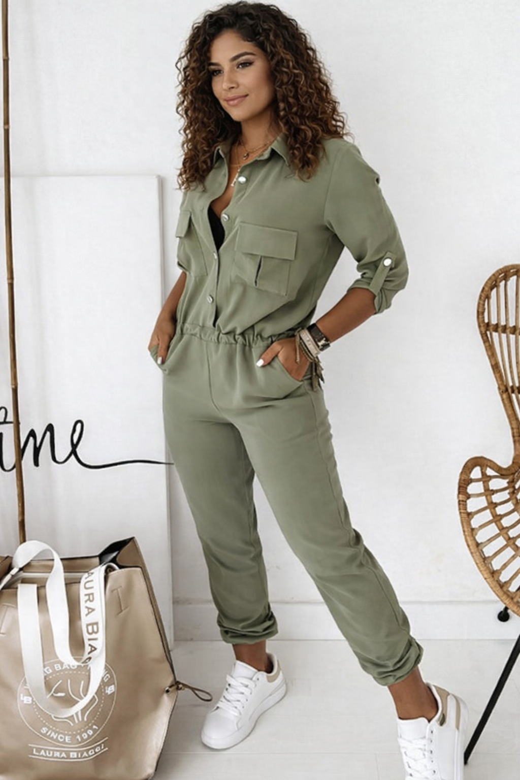 Casual Groene Dames Utility Jumpsuit Met Lange Mouwen