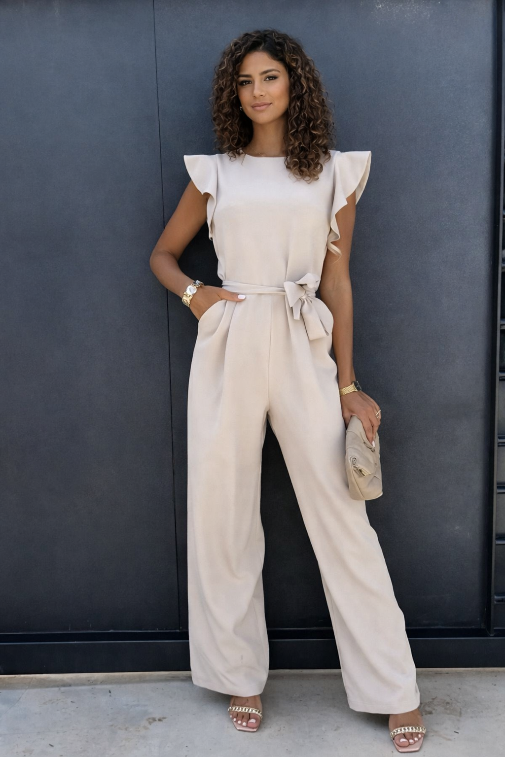 Zomerse Dames Jumpsuit Met Ruffle Mouwen En Strikceintuur