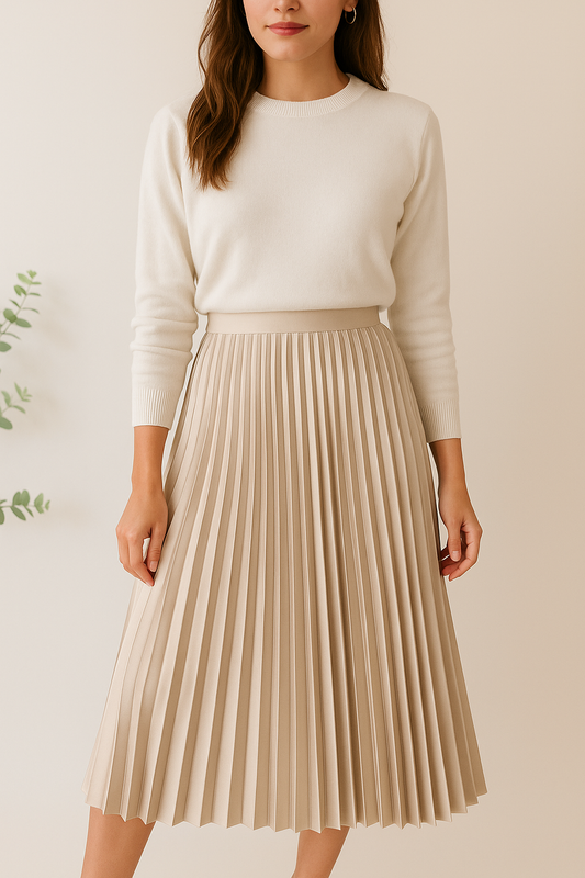 Elegante Dames Plissé Midi Rok met Hoge Taille