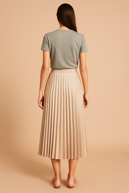 Elegante Dames Plissé Midi Rok met Hoge Taille
