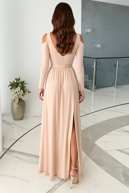 Madge | Elegante Maxi Jurk met Diepe V-Hals en Lange Mouwen