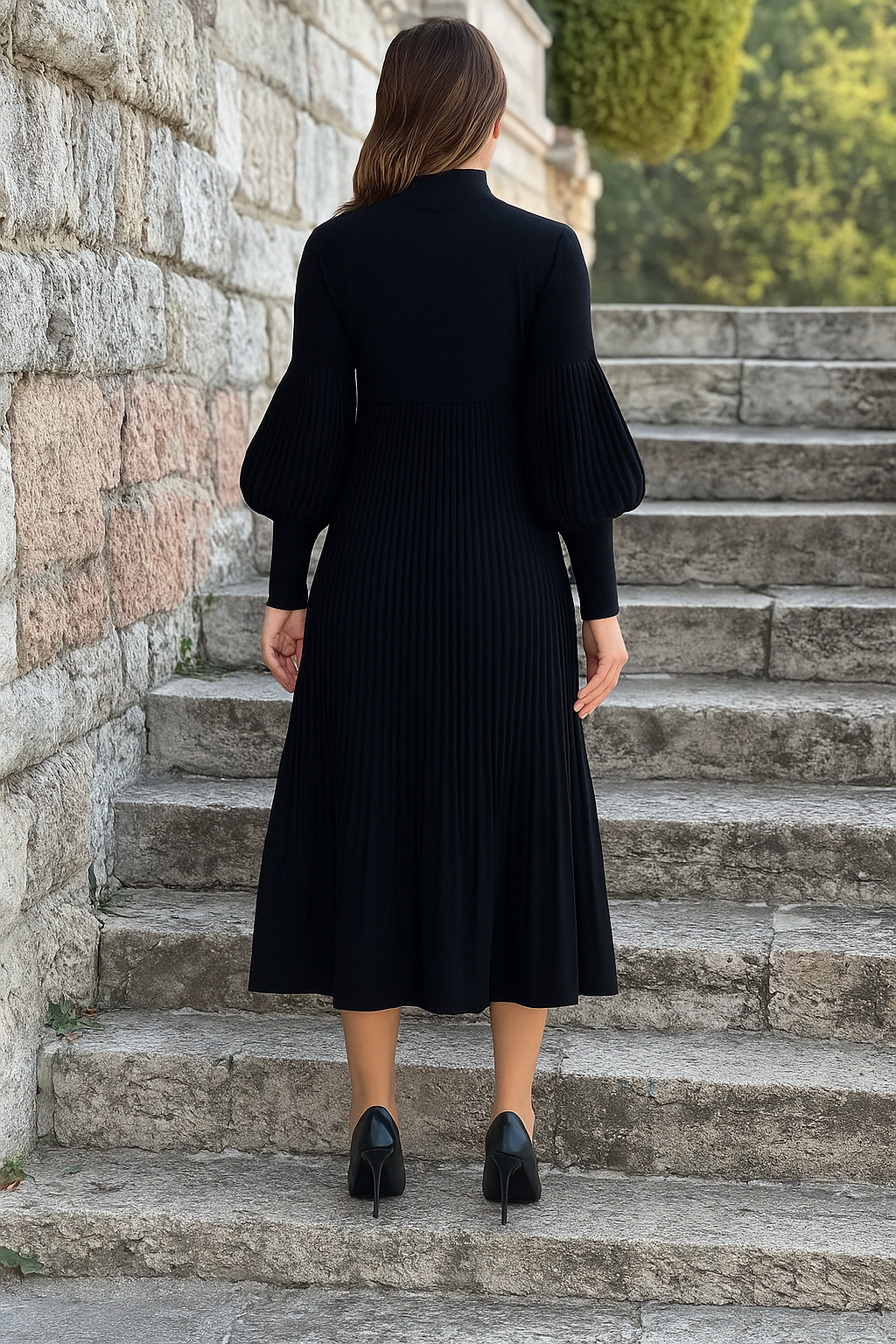 Zwarte Dames Midi Jurk met Lange Mouwen en Hoge Hals