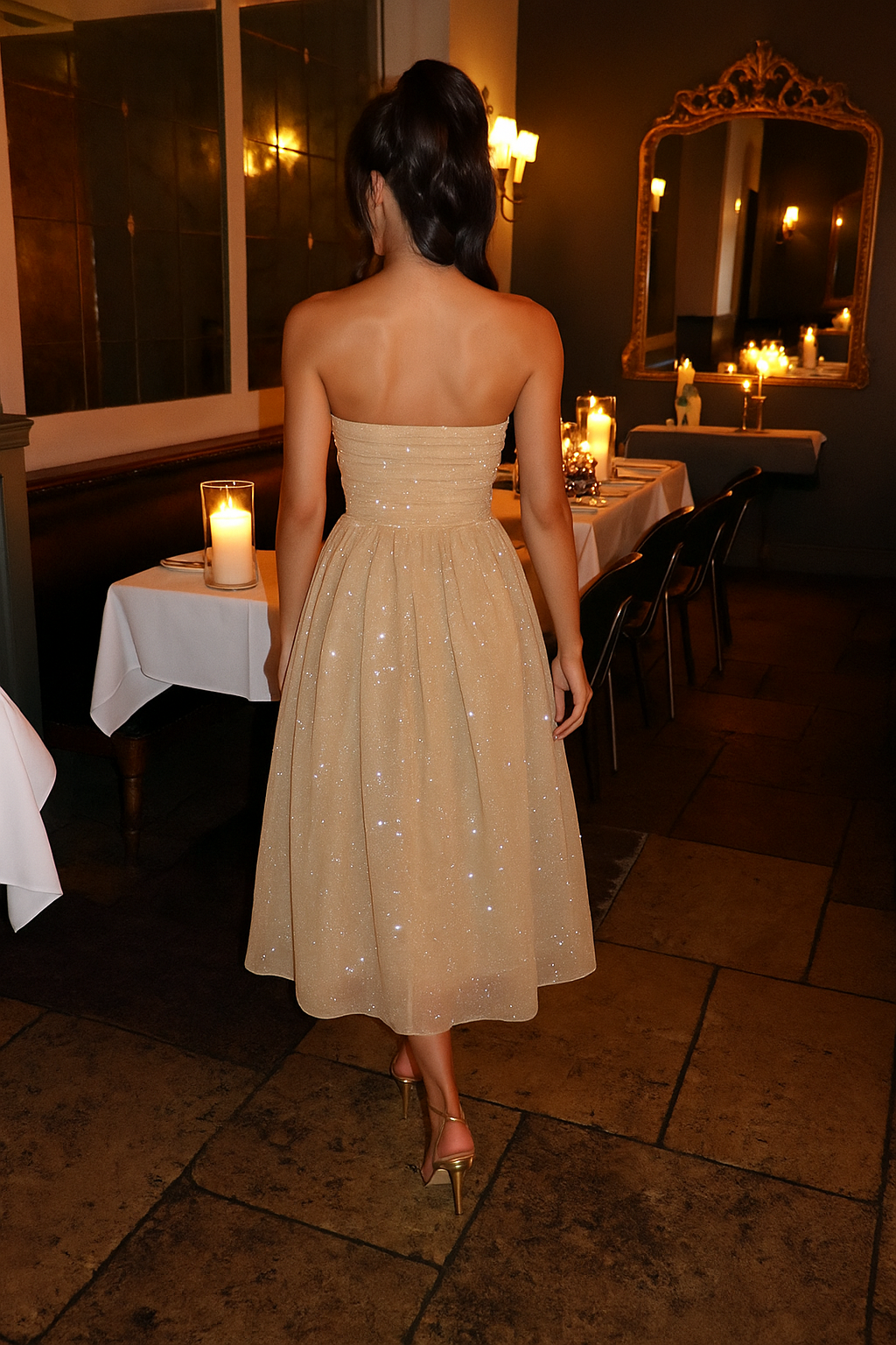 Marlou | Strapless Glitter Midi-jurk