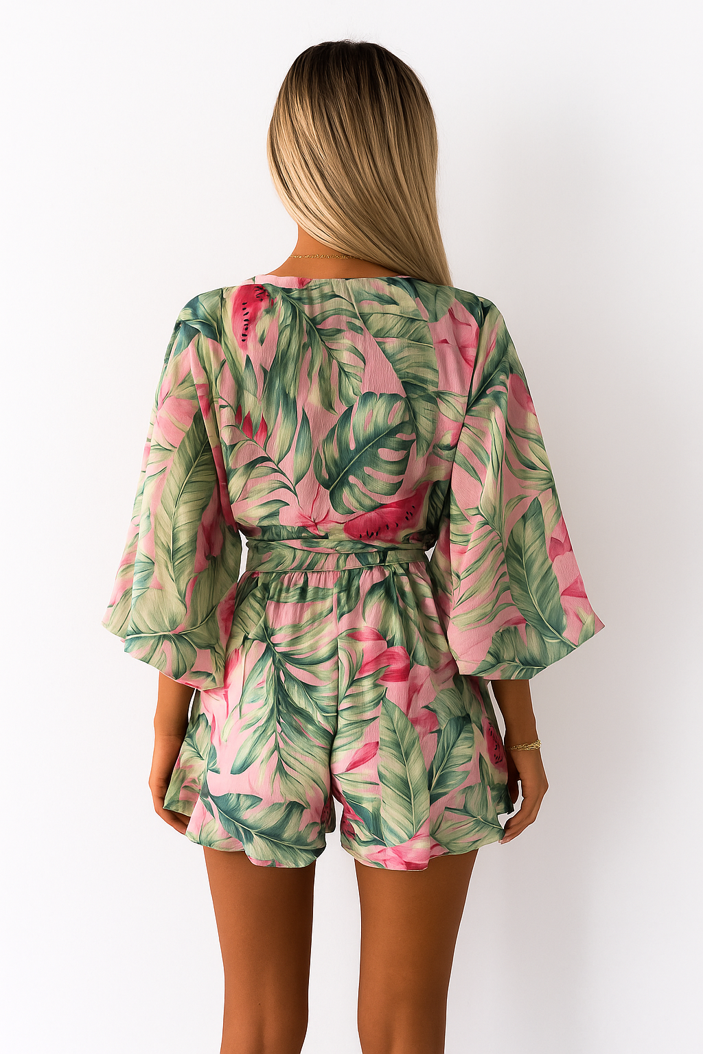Floortje | Zwierige Playsuit met Tropische Print en Kimono Mouwen