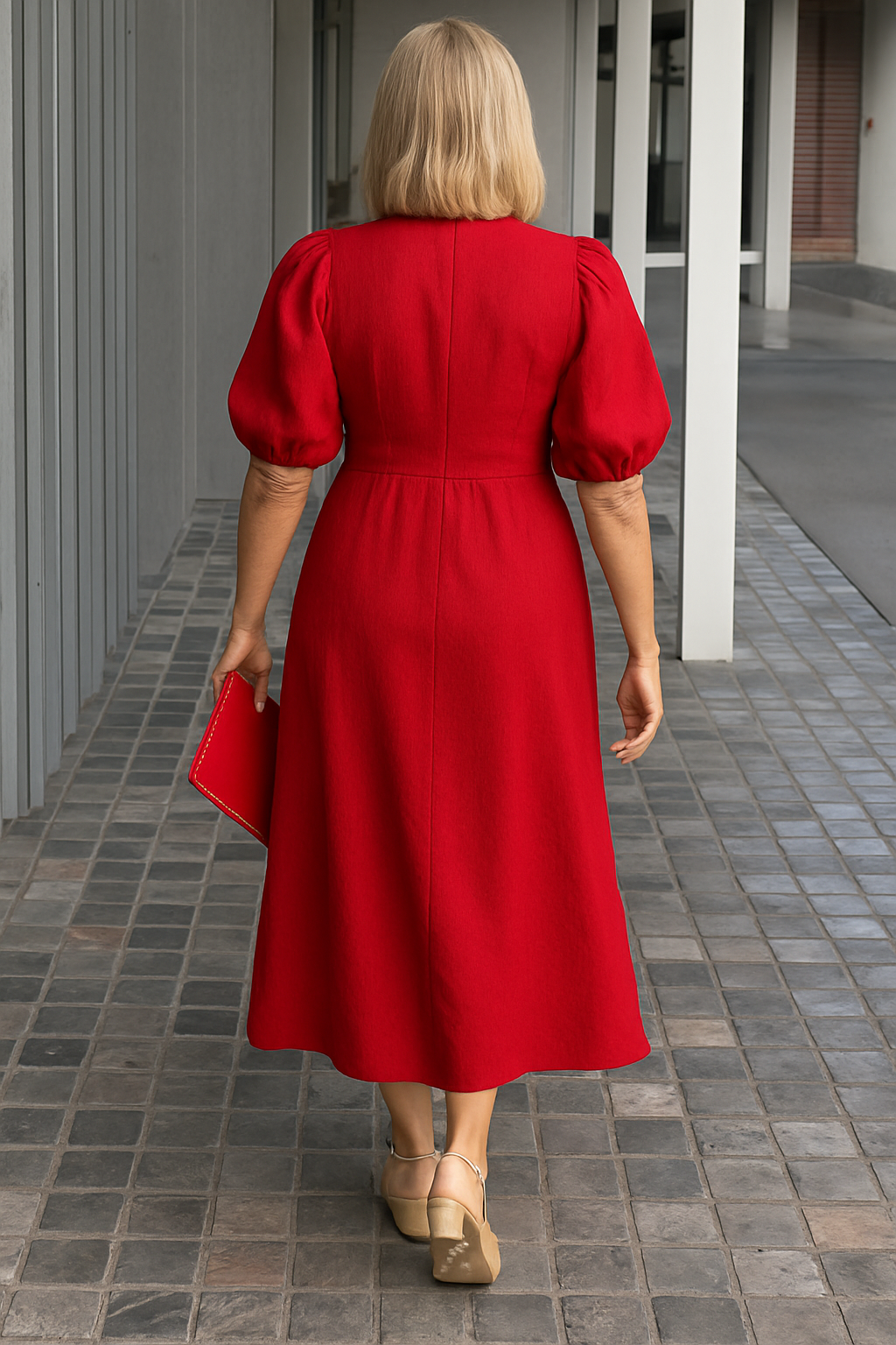 Farah | Cotton-Linen Midi Dress with Puff Sleeves