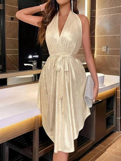 Elegante Beige Halter Mini Jurk voor Dames met Plissé en Strikdetail
