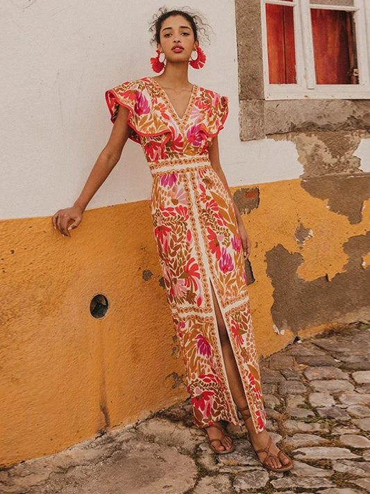 Carlotta | Bloemenprint Maxi Jurk met V-Hals