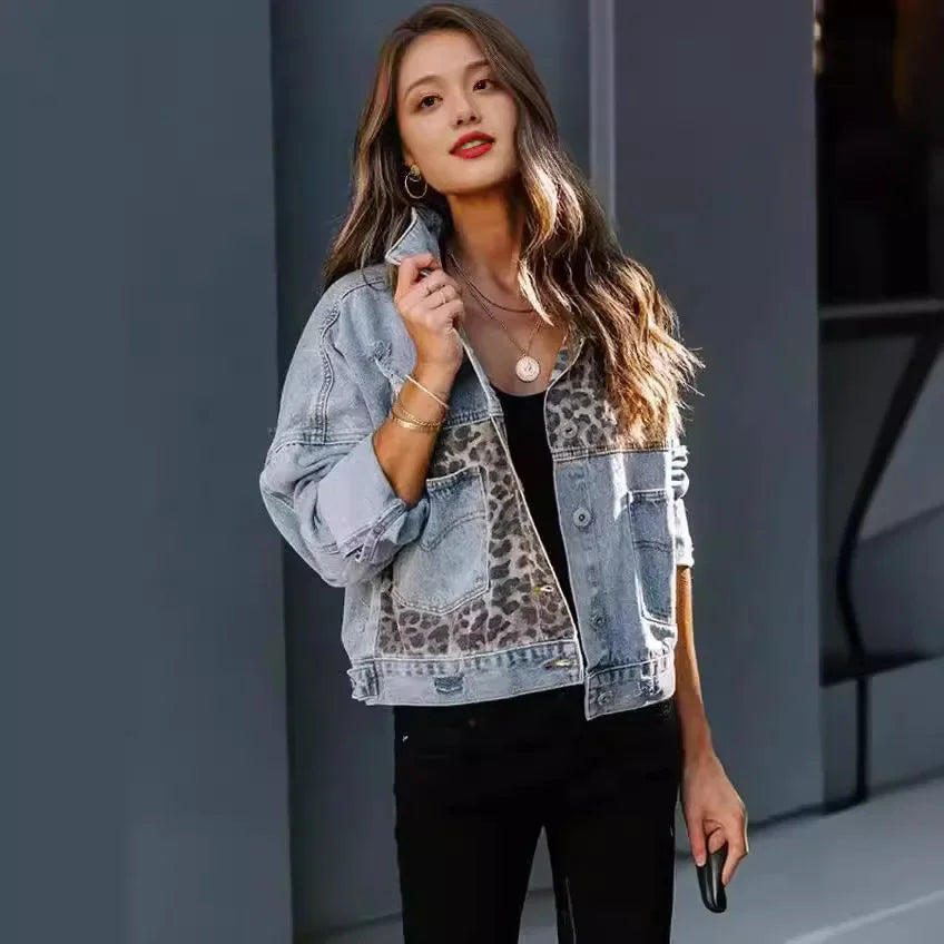 Denim Jacket With Leopard Print And Statement Design