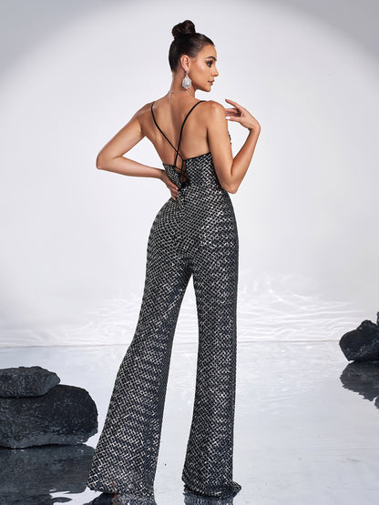 Dilia | Glanzende Avondjumpsuit met Strassdetails
