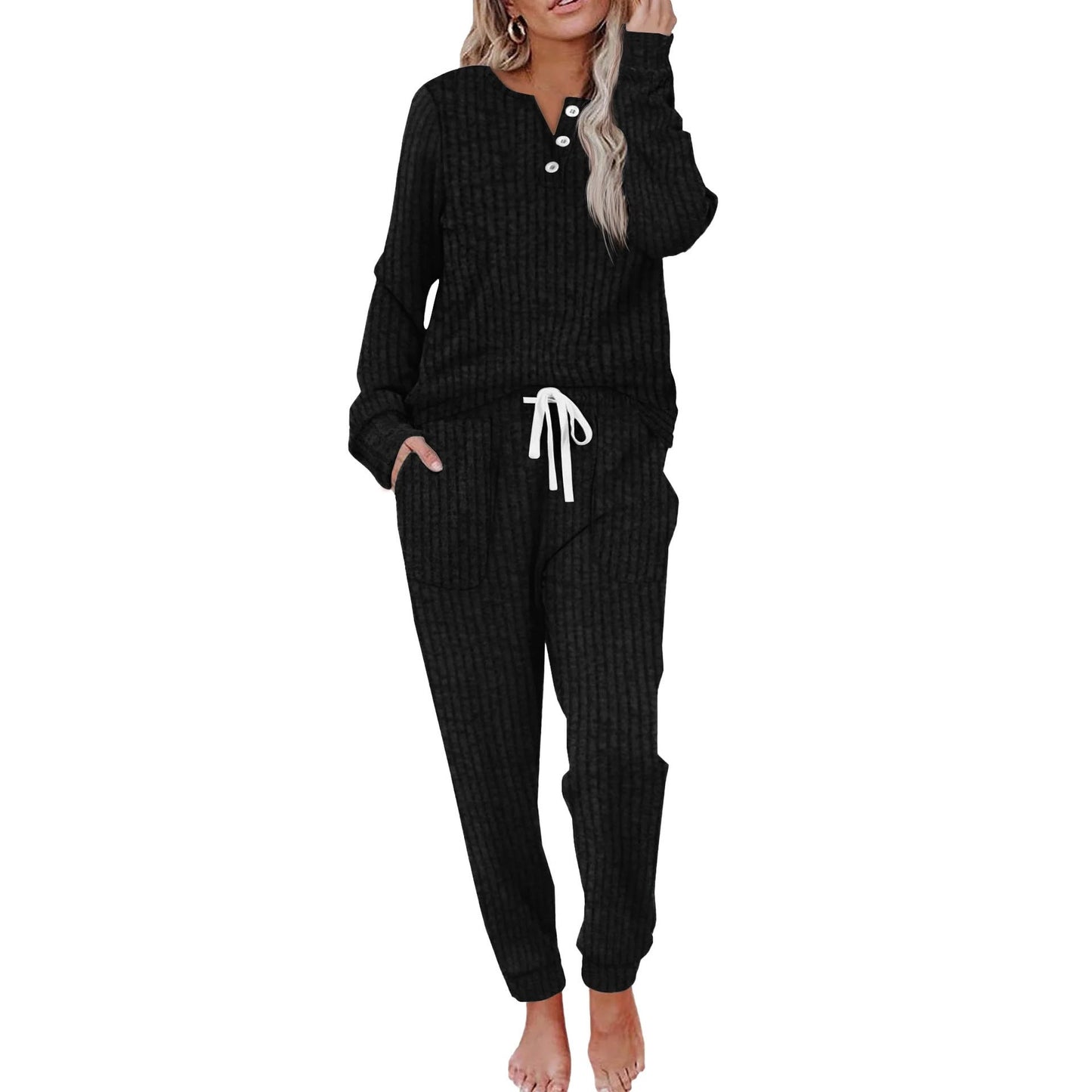 Warm Women's Loungewear Set With Ribbed Texture And Joggers