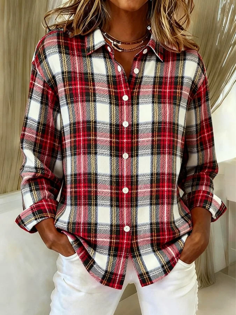 Warme Flanellen Dames Blouse met Ruitpatroon en Manchetten