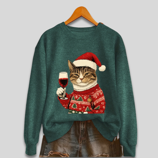 Losvallende Kersttrui met Kattenprint en Geribde Boorden voor Dames