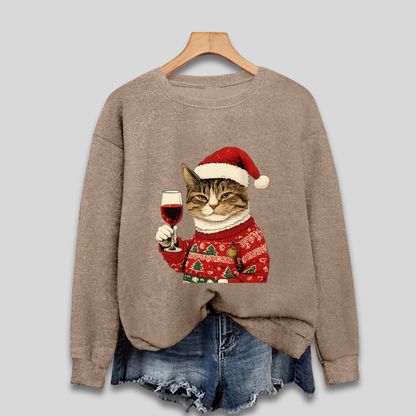 Losvallende Kersttrui met Kattenprint en Geribde Boorden voor Dames