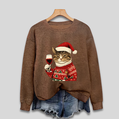 Losvallende Kersttrui met Kattenprint en Geribde Boorden voor Dames
