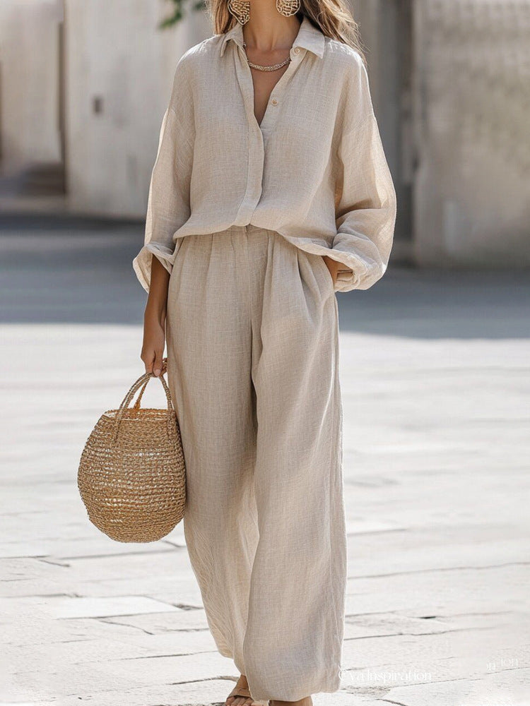 Luchtige Dames Linen Co-ord Set Met Lange Mouwen en Wijde Broek