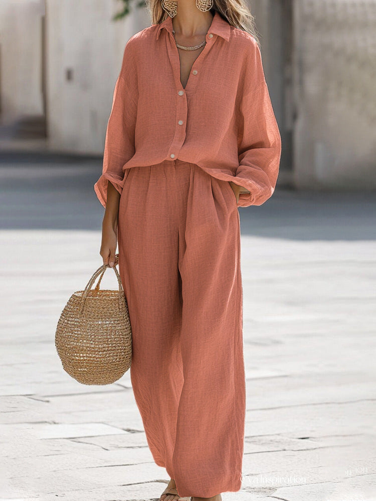 Luchtige Dames Linen Co-ord Set Met Lange Mouwen en Wijde Broek