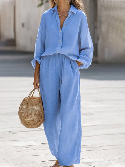 Luchtige Dames Linen Co-ord Set Met Lange Mouwen en Wijde Broek