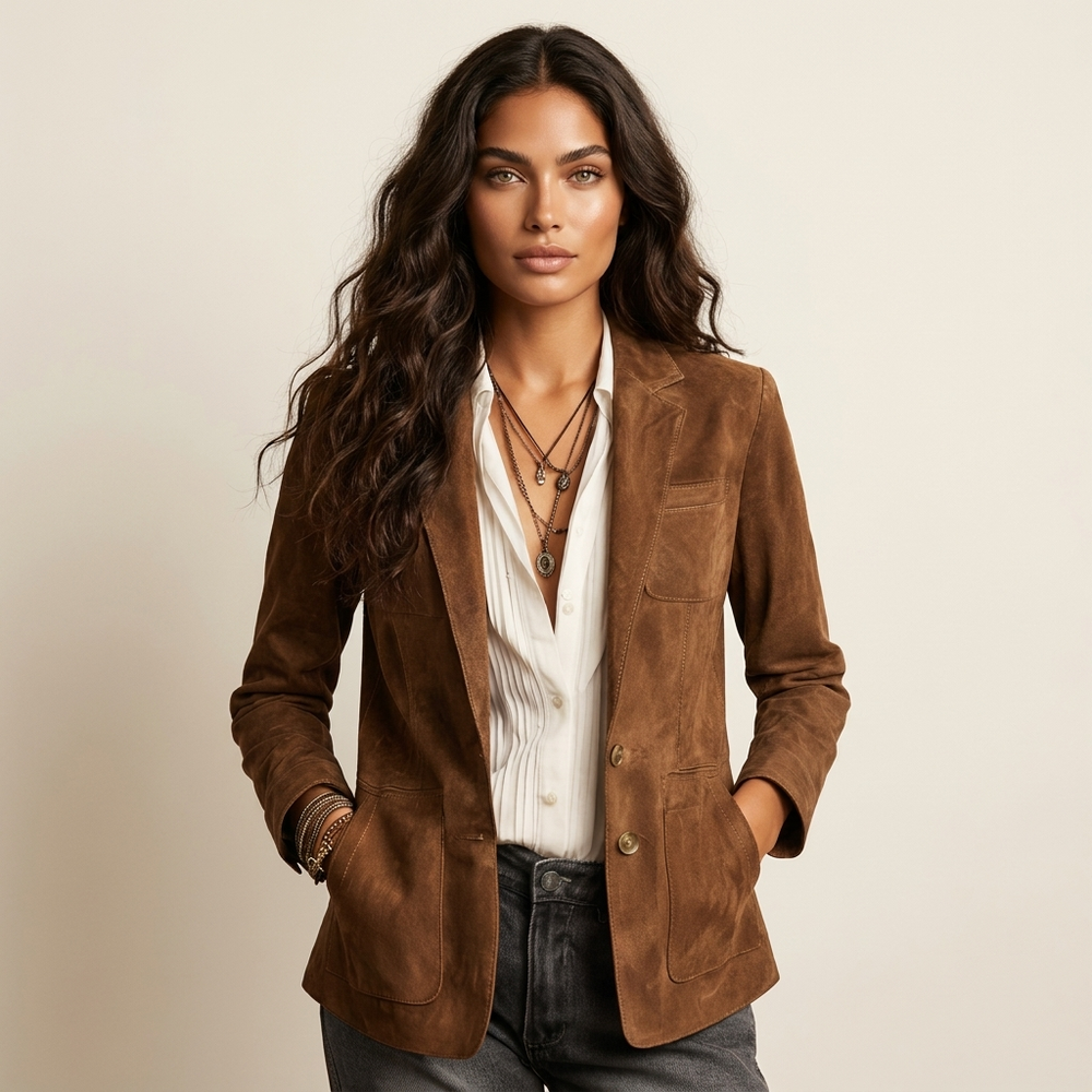 Getailleerde Suède-look Blazer met Opgestikte Zakken voor Dames