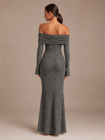 Glinsterende Dames Maxi Jurk met Off-Shoulder Hals en Lange Mouwen